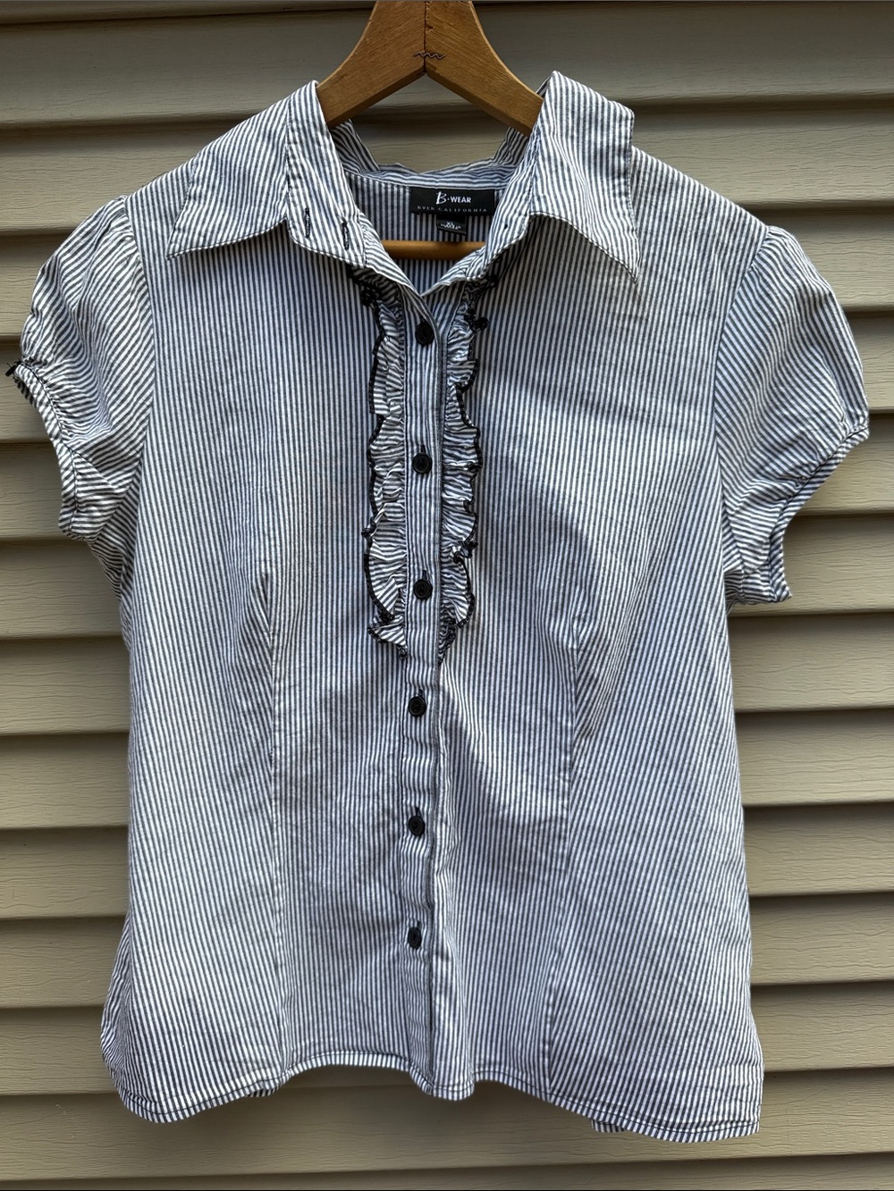 Bwear Black & White Striped Ruffle-Front Button Down Shirt Fits Sizes M-L